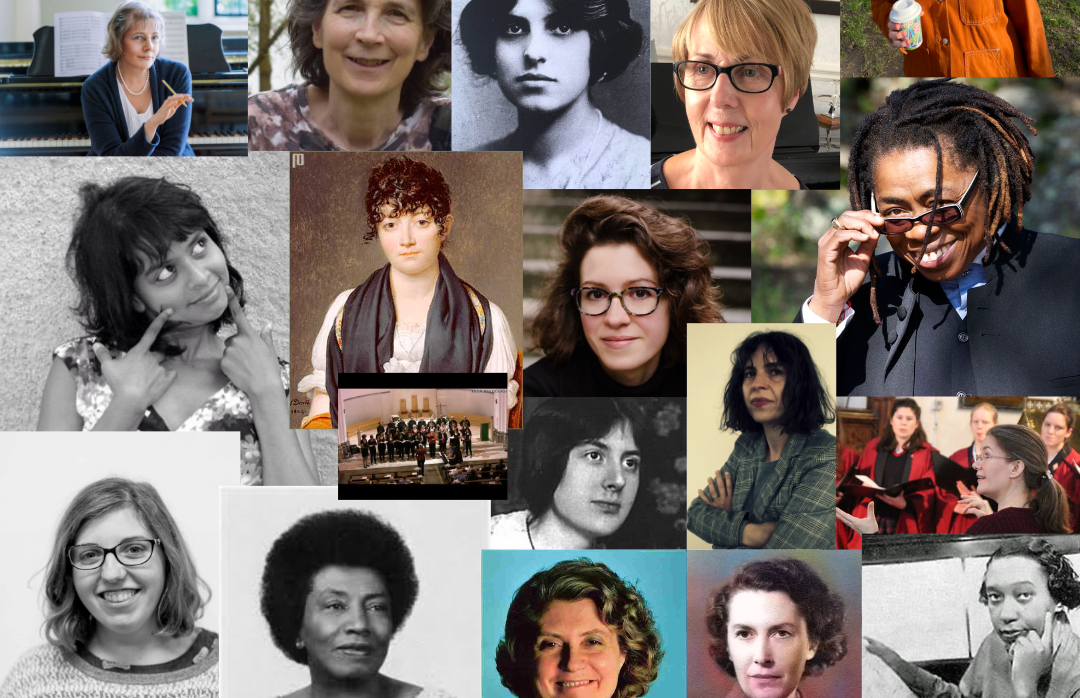 Collage of diverse women composers including historical figures and contemporary portraits.