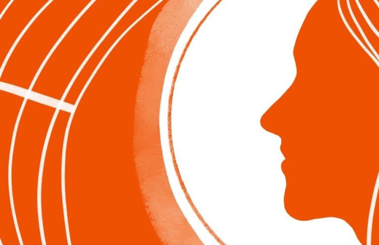 Silhouette of a woman's profile in orange against a background of music lines. The logo of MoV's project Sacred Music by Women Composers