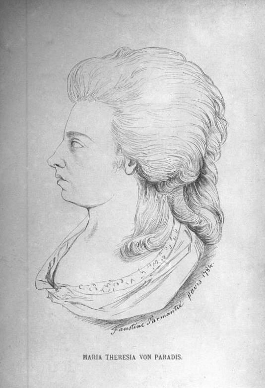 Maria von Paradis - artist unknown a side profile portrait of composer Maria von Paradis circa 1784 in pencil with large hair fashion of the time wearing a low cut gown