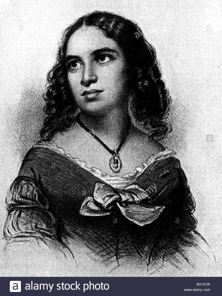 pencil portrait of composer Fanny Hensel circa 1835 with dark curly hair, wearing a voluminous dark dress with bow and lace and necklace