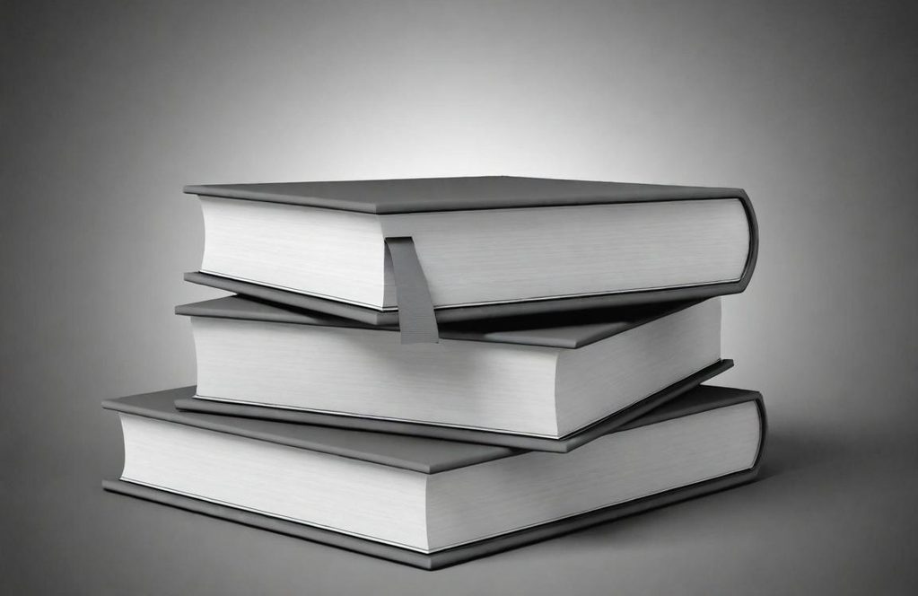 Three stacked books with plain covers, displayed against a monochrome background.