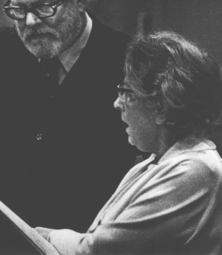 Grace Williams ©British Music Collection Welsh composer Grace Williams circa 1970 stands with an orchestral conductor giving instruction on her music