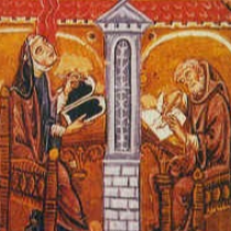 brightly coloured Medieval style portrait of composer Hildegard von Bingen sitting with a notebook opposite a monk scribing in a notebook.
